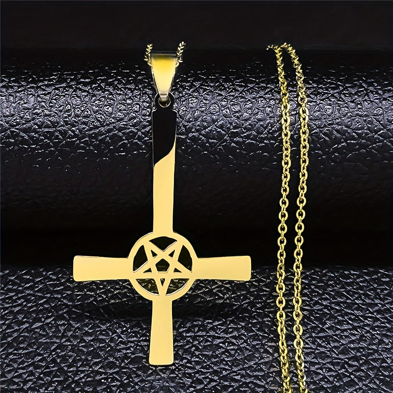 1pc Trendy Cross Necklace, Upside Down Cross Hidden Pentagram Necklace Upside Down Cross Gothic Necklace Gifts For Men, Women, Friends