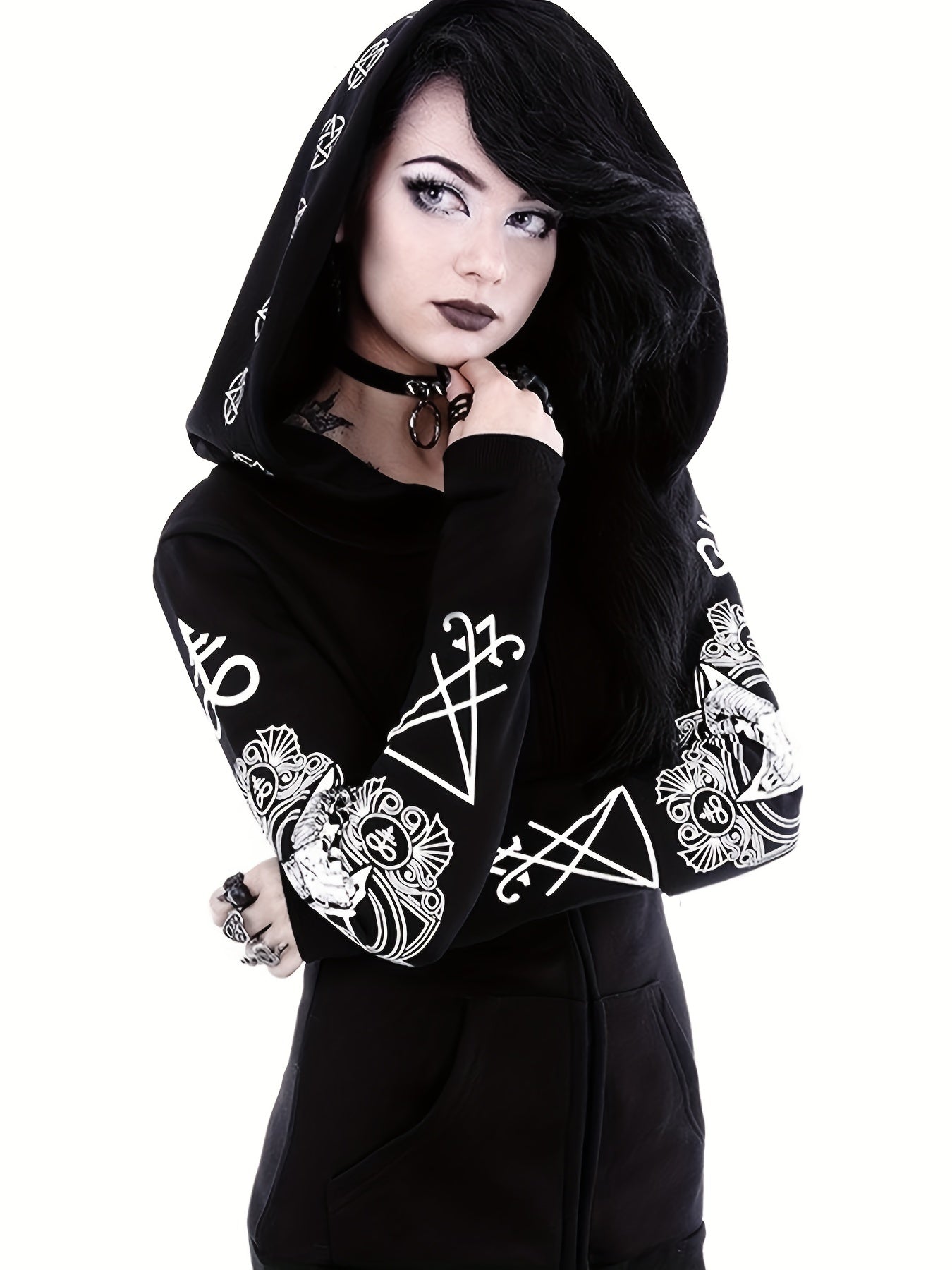 Gothic-Kapuzenpullover für Damen – Sweatshirt mit Sonne-Mond-Print und weichem Fleece