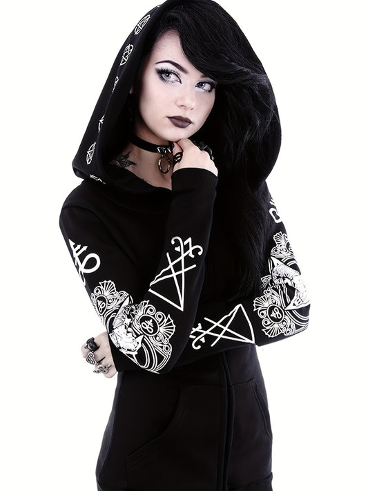 Womens Gothic Hoodie - Sun Moon Print Sweatshirt with Durable Zipper & Hooded Cardigan - Soft Fleece Lining, Punk Goth Style, Perfect for Casual Wear, Black