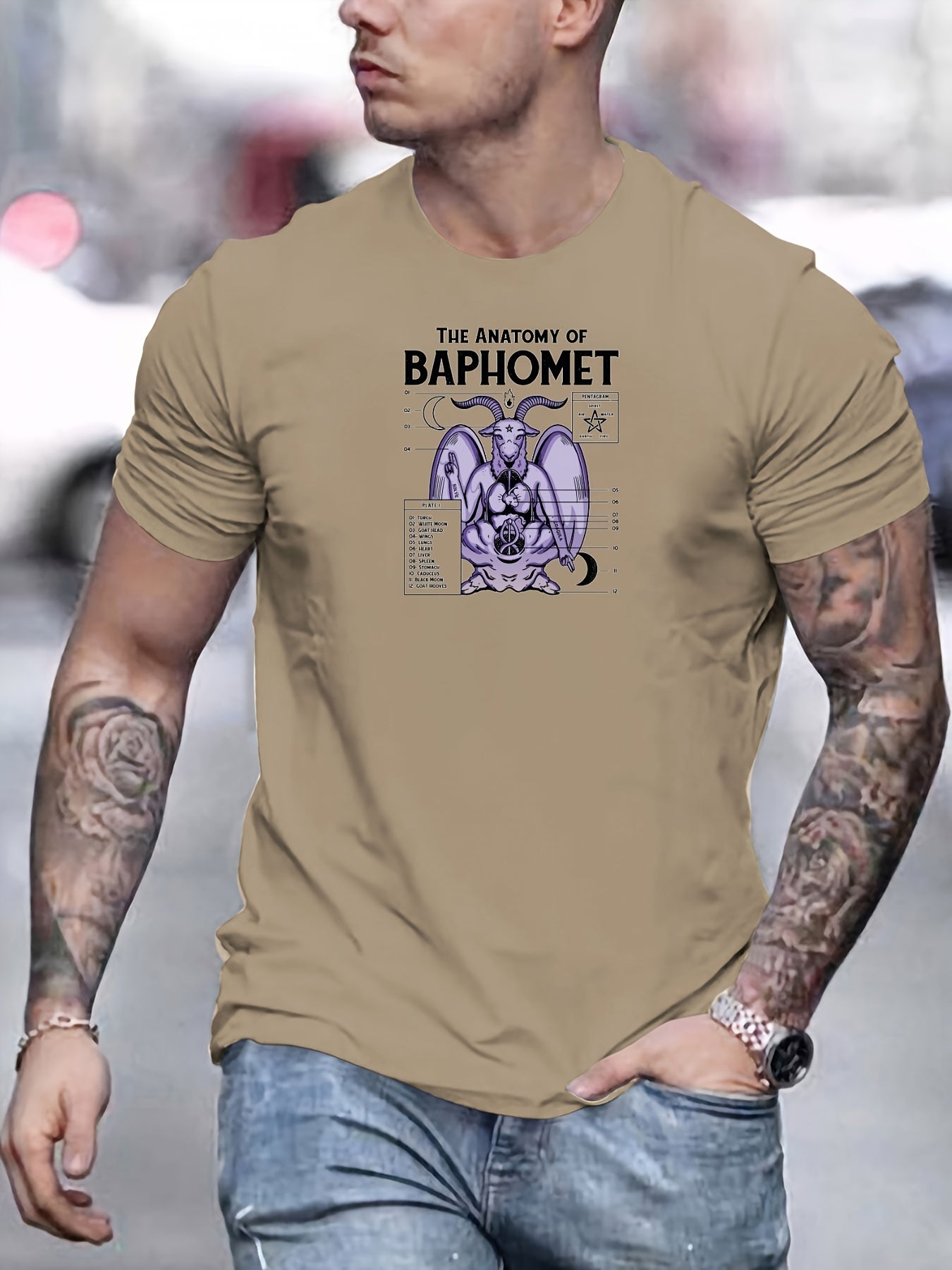 Bequemes Kurzarm-T-Shirt mit Baphomet-Musterdruck für Herren