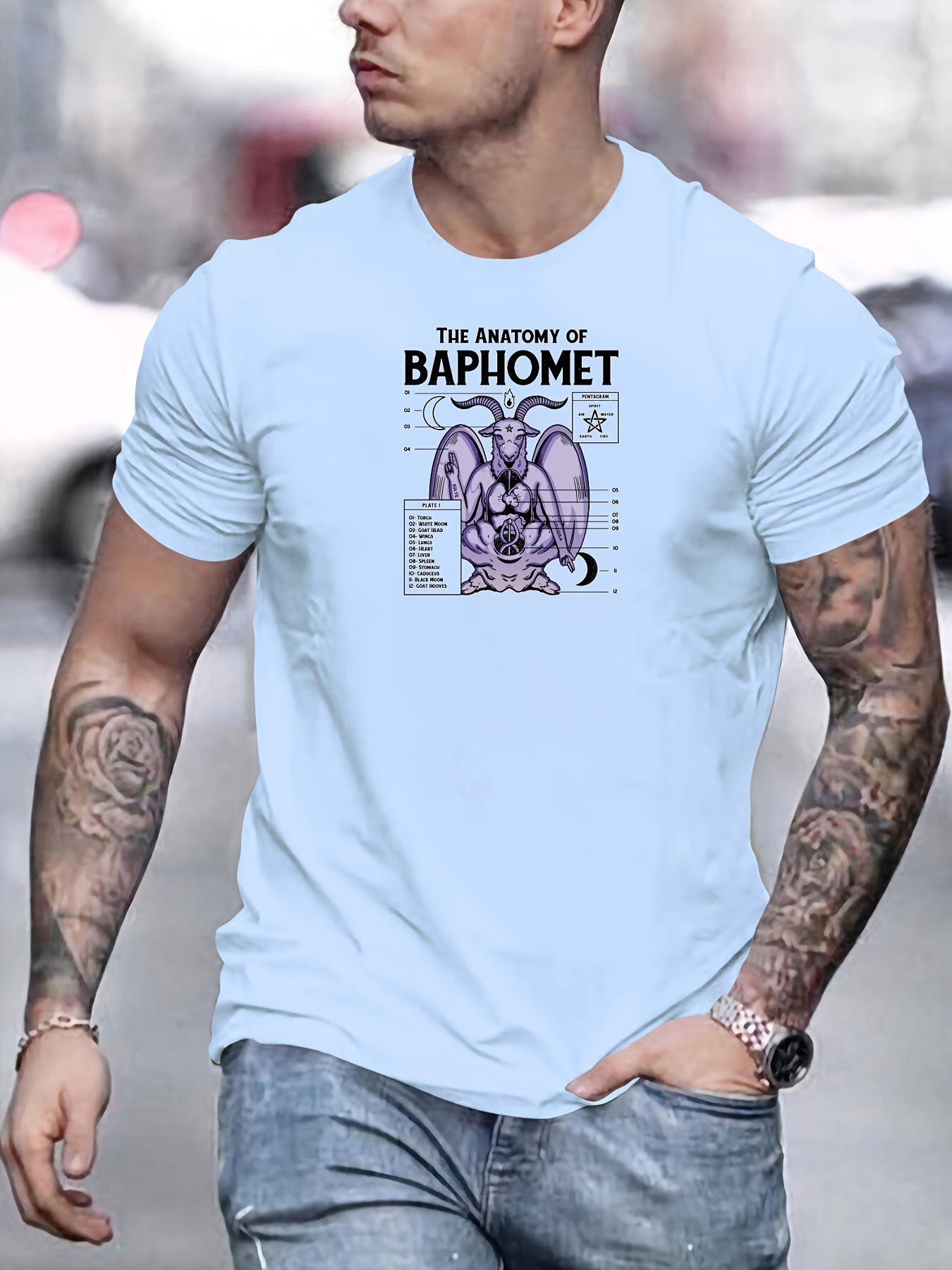 Bequemes Kurzarm-T-Shirt mit Baphomet-Musterdruck für Herren