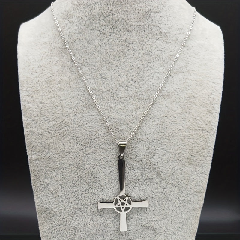 1pc Trendy Cross Necklace, Upside Down Cross Hidden Pentagram Necklace Upside Down Cross Gothic Necklace Gifts For Men, Women, Friends