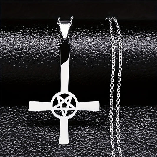 1pc Trendy Cross Necklace, Upside Down Cross Hidden Pentagram Necklace Upside Down Cross Gothic Necklace Gifts For Men, Women, Friends