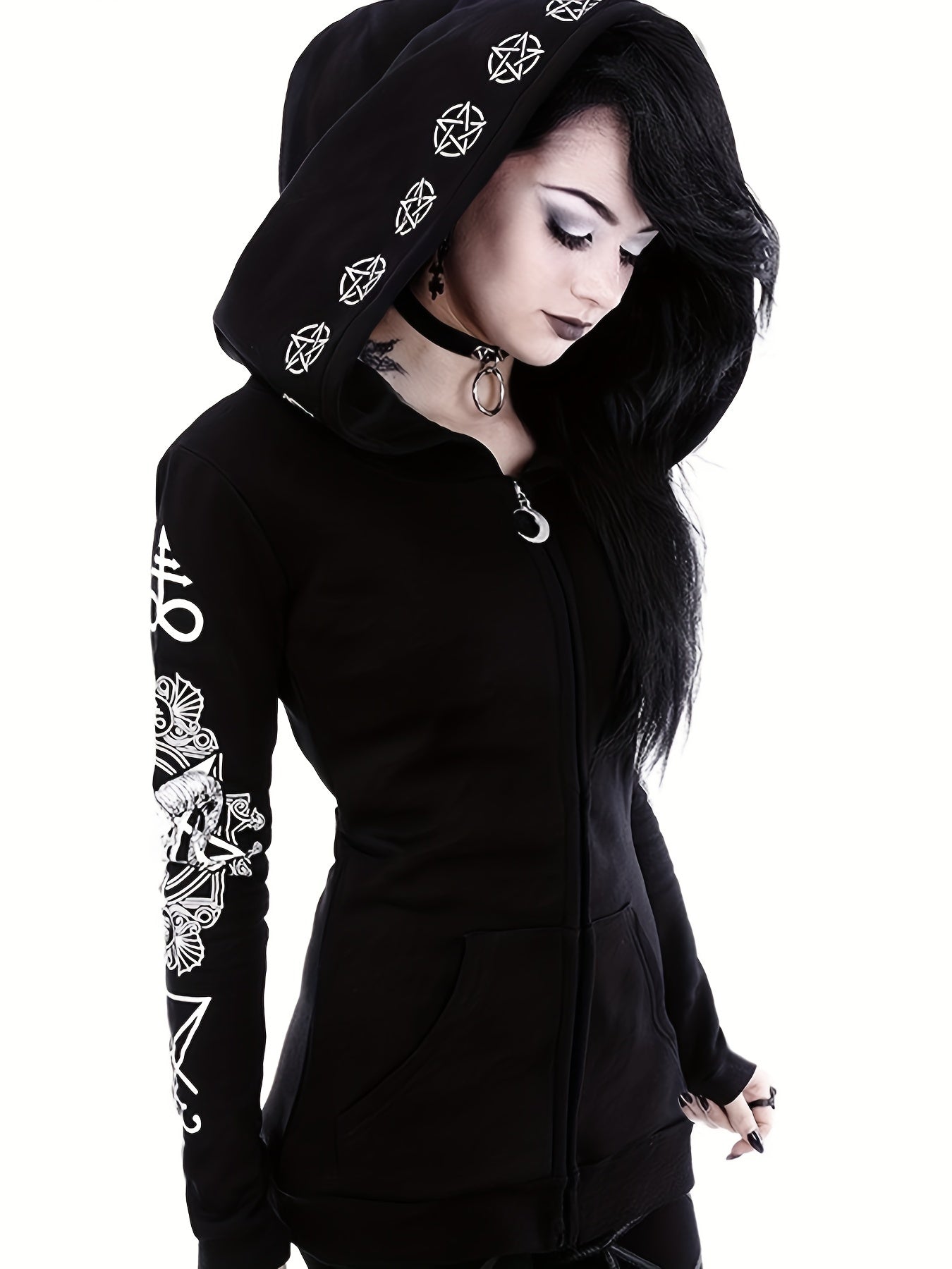 Gothic-Kapuzenpullover für Damen – Sweatshirt mit Sonne-Mond-Print und weichem Fleece