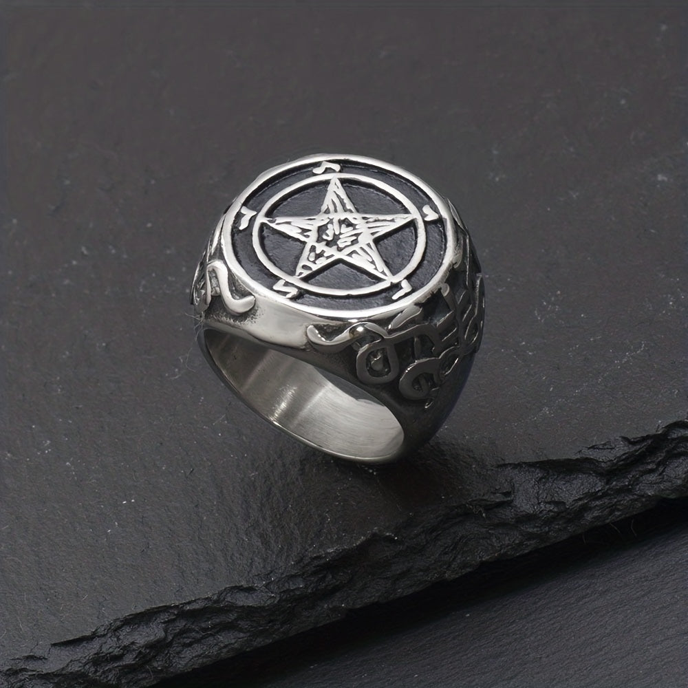 Anello da uomo in acciaio inossidabile con pentagramma - Design audace e gotico da strega - Gioielli particolari per ogni occasione