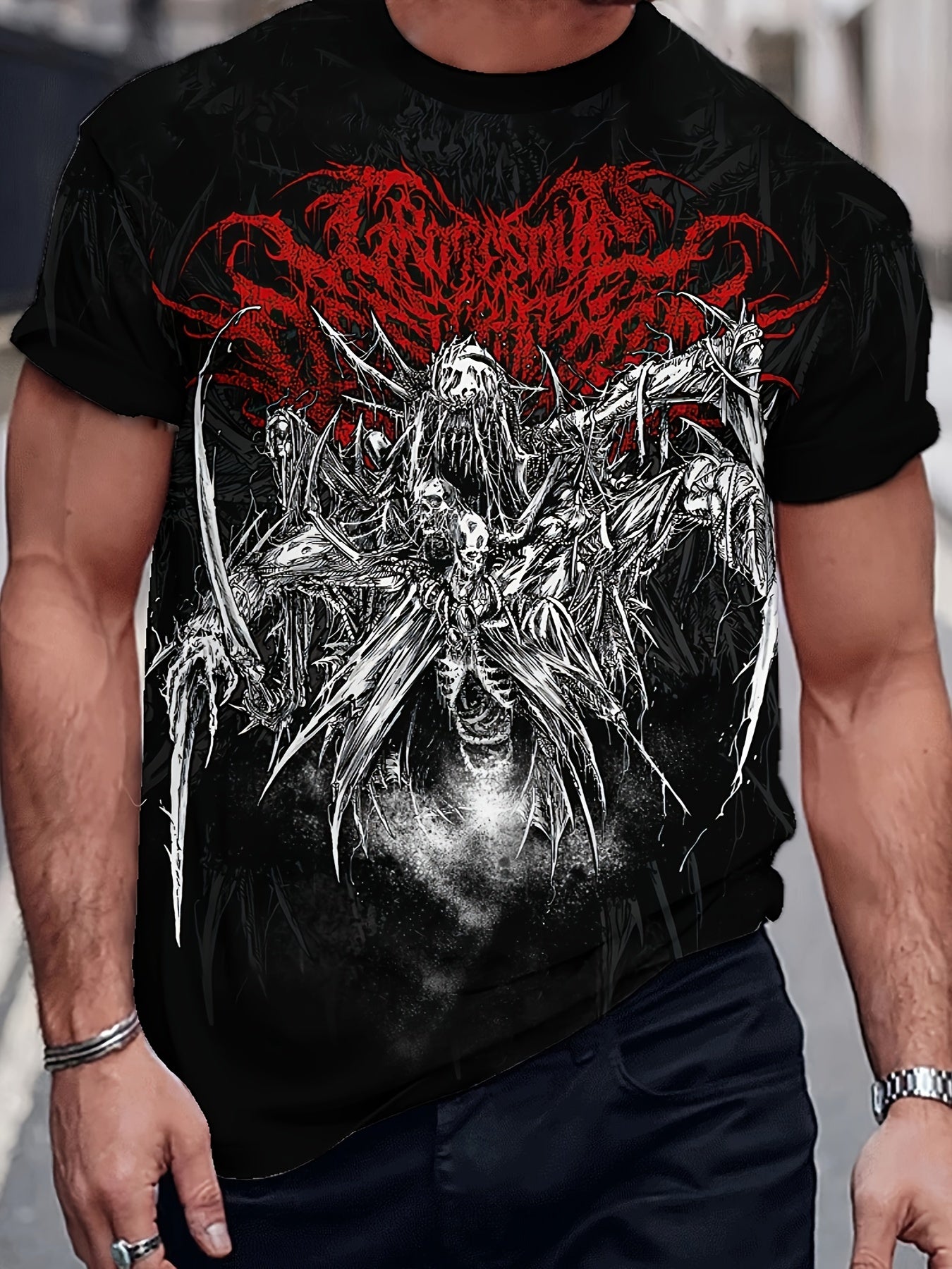 Übergröße Herren T-Shirt mit Rundhalsausschnitt und Gothic-Teufel-Grafikdruck – Sommer-T-Shirts für große und lange