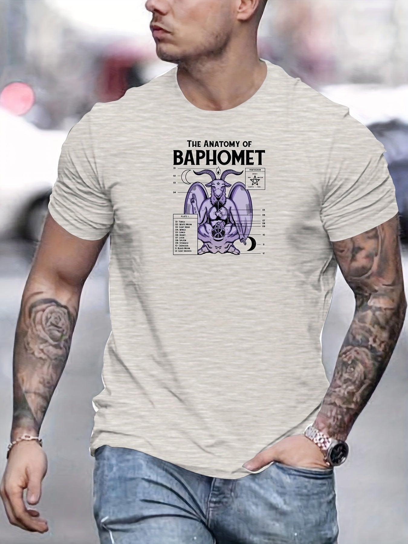 Bequemes Kurzarm-T-Shirt mit Baphomet-Musterdruck für Herren