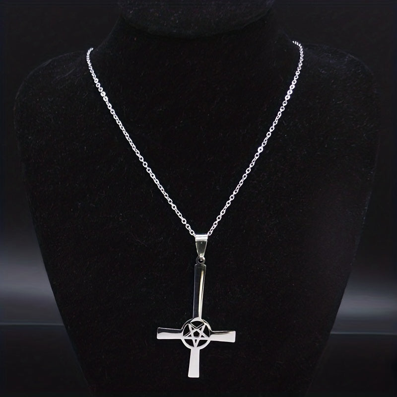 1pc Trendy Cross Necklace, Upside Down Cross Hidden Pentagram Necklace Upside Down Cross Gothic Necklace Gifts For Men, Women, Friends