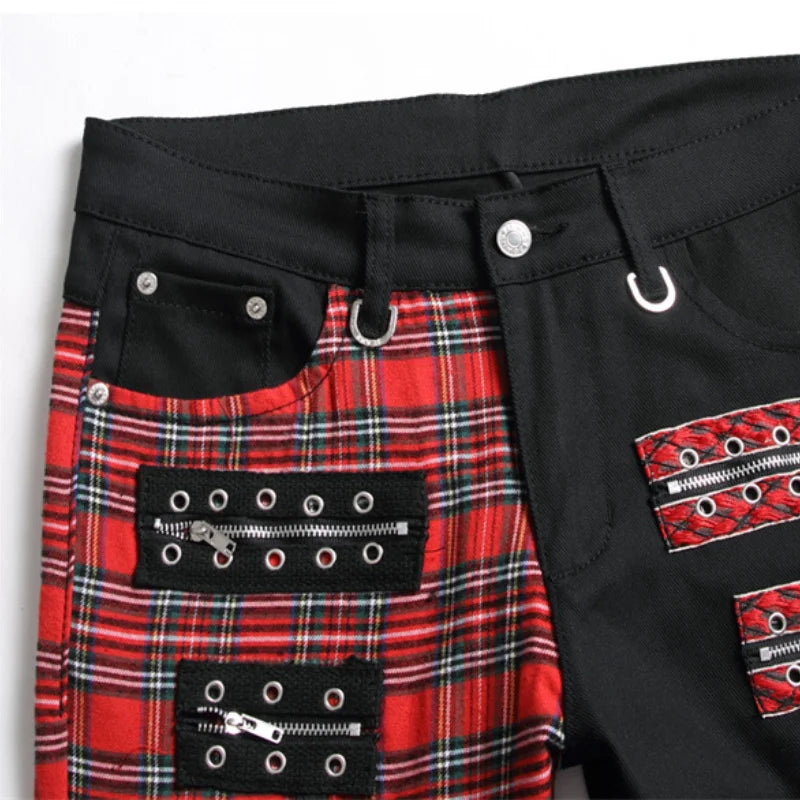 Neue Mode Rot Plaid Patchwork Punk Zipper Männer Bleistift Jeans Hose Y2K Schnalle Hip Hop Gothic Dünne Denim Hosen Pantaloni Uomo