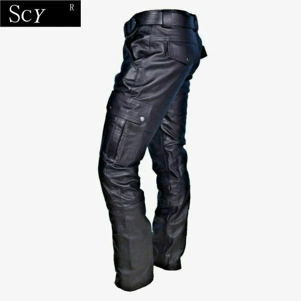 Herren Leder Motorradhose mit Cargotaschen, Schwarz, Leder Motorradhose Ohne Gürtel