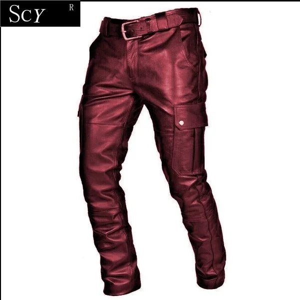 Men's Leather Motorcycle Pants with Cargo Pockets, Black, Leather Motorcycle Pants  No Belt