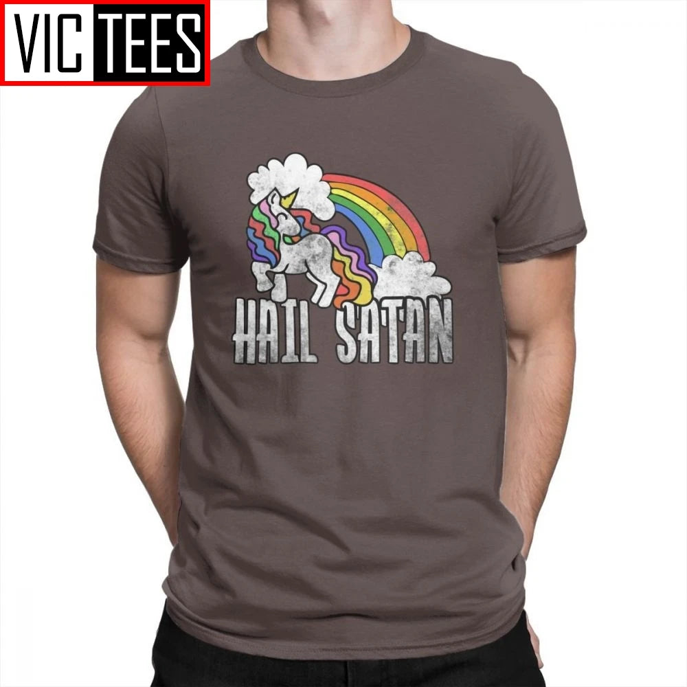 Maglietta personalizzata da uomo con unicorno arcobaleno retrò Hail Satan, maglietta da uomo, maglietta da uomo in cotone al 100% con scollo a giro