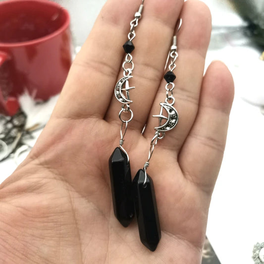 Witch Quartz Crystal Crescent Earrings, Gothic Mermaid Day Wedding, Mysterious Bohemian Crystal Accessories, Jewelry Earrings