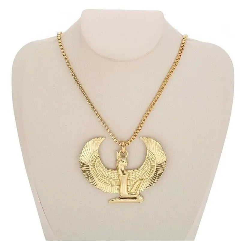 Ancient Egyptian Goddess Isis Spread Wings Pendant Necklace for Men Women Vintage Amulet Jewelry Gift