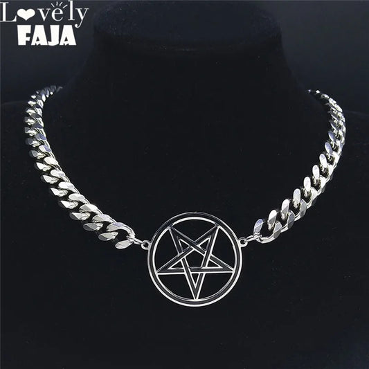 Punk Pentacle Inverted Pentagram Necklace for Men Clavicle Cuban Chain Stainless Steel Choker Necklaces Satan Satan Jewelry