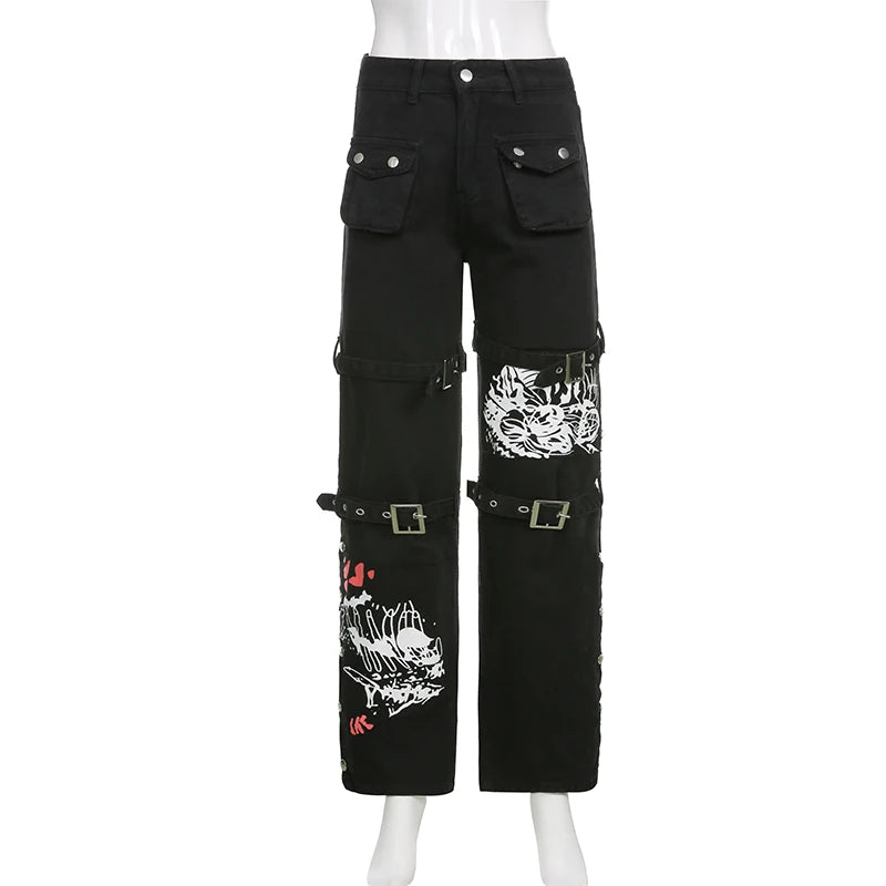 E-Girl Gothic Schwarze Cargohose Capri Damen Low Waist Jeans Lange Hose Y2K Grunge Vintage Hip Hop Punk Harajuku Streetwear