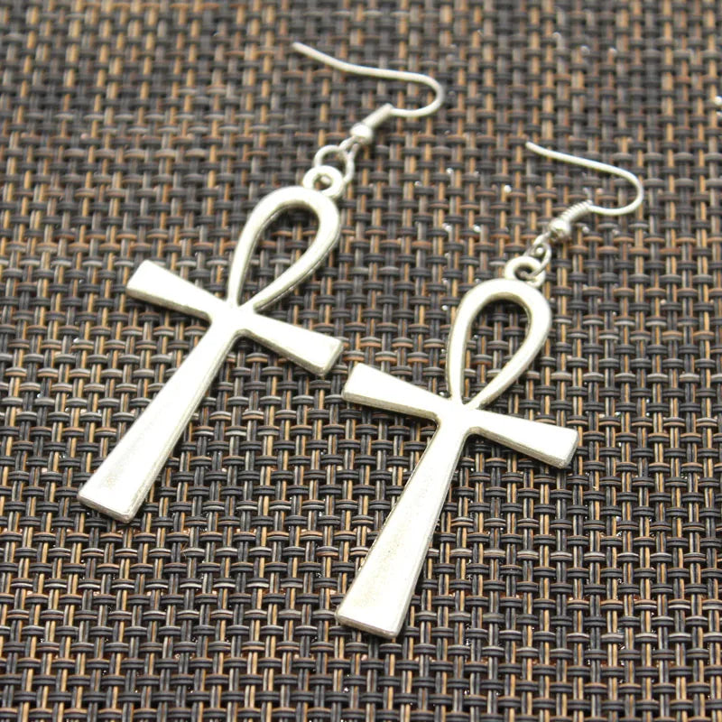 hroryn New Fashion Handmade Cross Egyptian Ankh Life Symbol Flower Cross Pendants Silver Color Earrings For Womens Style