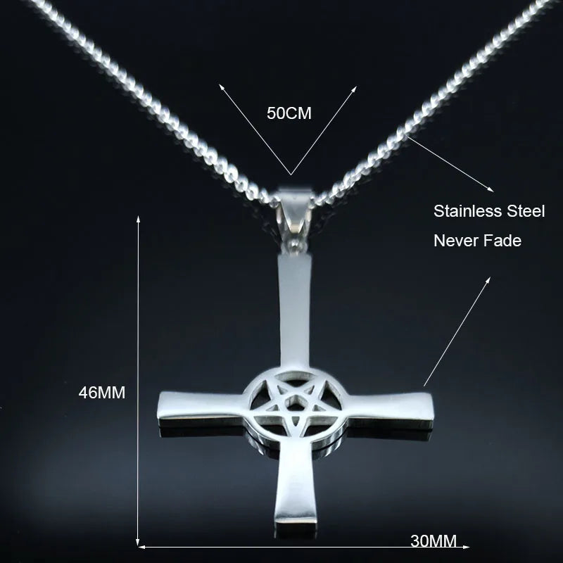 Inverted Cross Occult Pentagram Necklace Upside Down Cross Gothic Satan Necklaces Lucifer Satan Jewelry cruz invertida N642S03