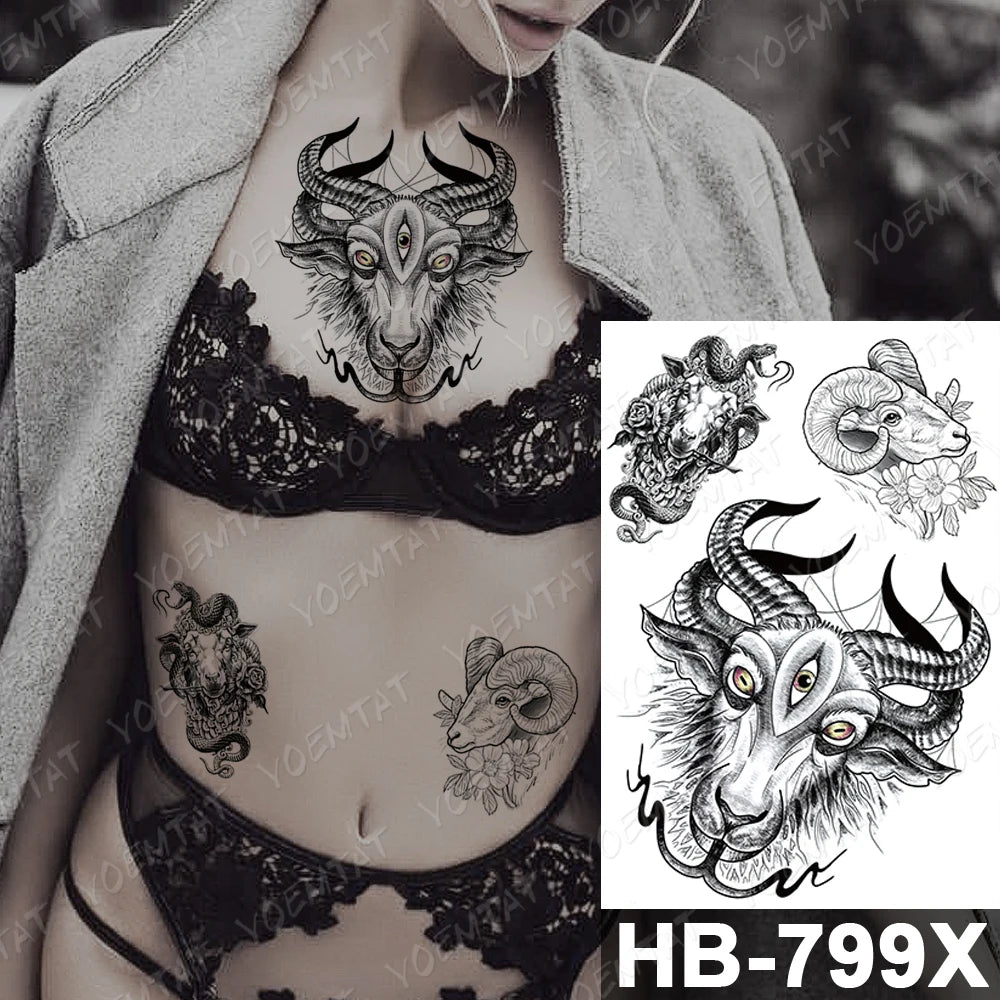 Waterproof Temporary Tattoo Sticker Flowers Cat Lynx Flash Tattoos Owl Satan Goat Body Art Arm Fake Tatoo Women Men