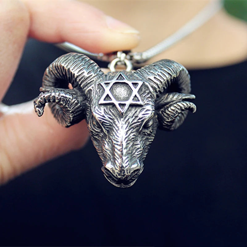 Men's New Fashion 316L Stainless Steel Hexagonal Star Satan Ram Bull Head Pendant Necklace Retro Personality Jewelry Gift Collar