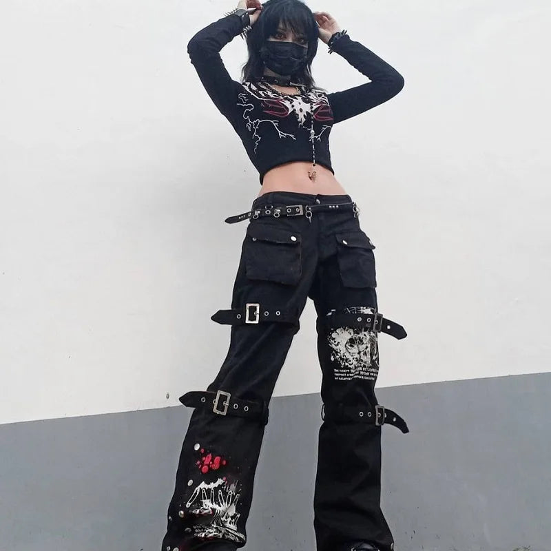 Pantaloni cargo neri gotici E-girl Capri da donna Jeans a vita bassa Pantaloni lunghi Y2K Grunge Vintage Hip Hop Punk Harajuku Streetwear