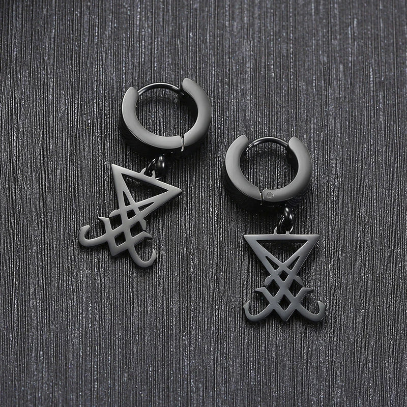 Earrings Sigil Of Lucifer Satanic Symbol Seal Of Satan in Black Stainless Steel Demon Side Of Lucifer Satanic Earing Jewelry