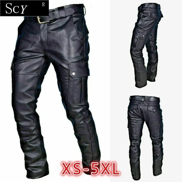 Herren Leder Motorradhose mit Cargotaschen, Schwarz, Leder Motorradhose Ohne Gürtel