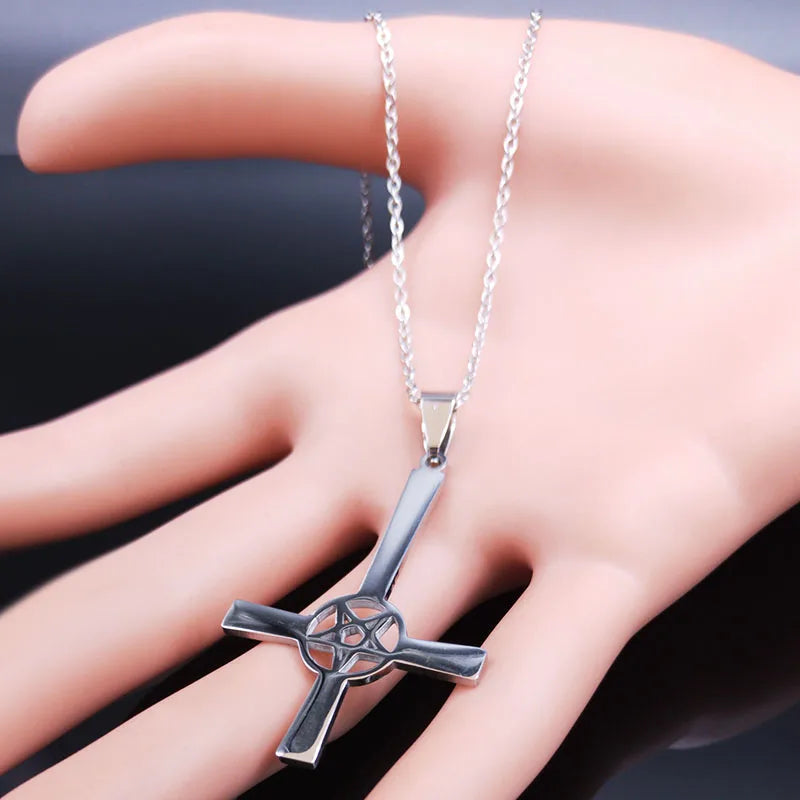 Inverted Cross Occult Pentagram Necklace Upside Down Cross Gothic Satan Necklaces Lucifer Satan Jewelry cruz invertida N642S03