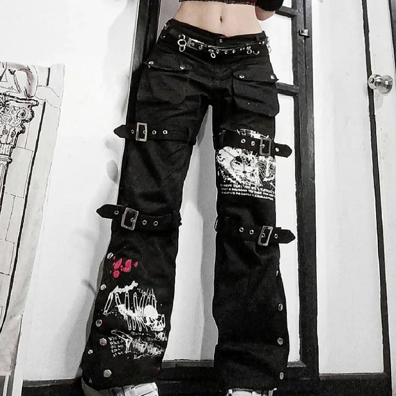 Pantaloni cargo neri gotici E-girl Capri da donna Jeans a vita bassa Pantaloni lunghi Y2K Grunge Vintage Hip Hop Punk Harajuku Streetwear