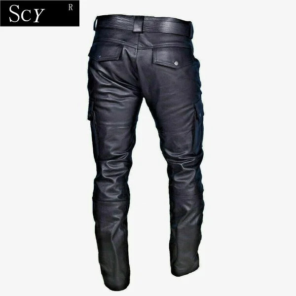 Men's Leather Motorcycle Pants with Cargo Pockets, Black, Leather Motorcycle Pants  No Belt