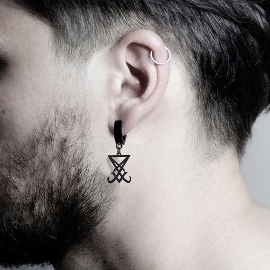 Earrings Sigil Of Lucifer Satanic Symbol Seal Of Satan in Black Stainless Steel Demon Side Of Lucifer Satanic Earing Jewelry