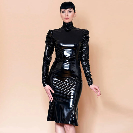 Women's Sexy PVC Patent Faux Turtleneck Dress Long Sleeve Bodycon Ruffles Midi Dresses Gothic Leather Slim Clothing Custom