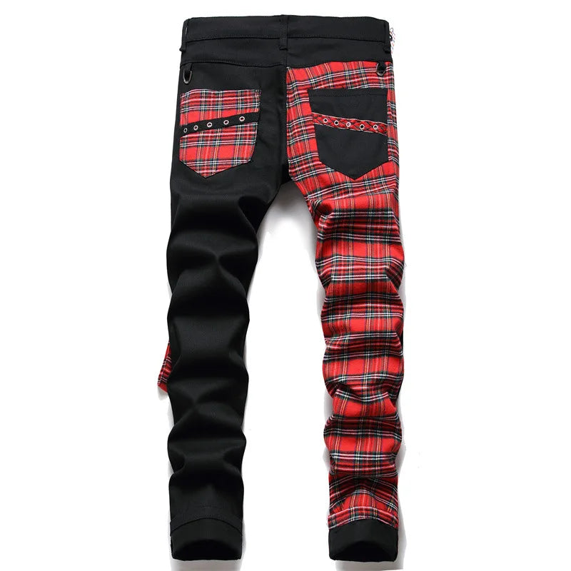 New Fashion Red Plaid Patchwork Punk Zipper Men Pencil Jeans Trousers Y2K Buckle Hip Hop Gothic Slim Denim Pants Pantaloni Uomo