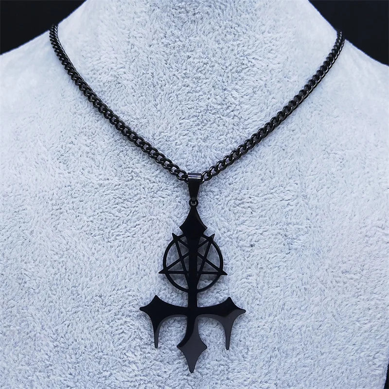 Goth Pentagram Sigil Satan Cross Necklace for Men Stainless Steel Black Y2k Gothic Star Lucifer Jewelry Halloween Gift N3002