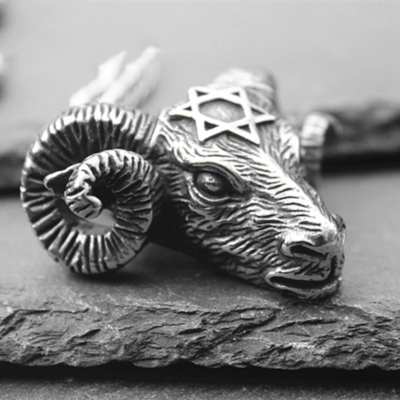 Herren Neue Mode 316L Edelstahl Sechseckigen Stern Satan Ram Bull Kopf Anhänger Halskette Retro Persönlichkeit Schmuck Geschenk Kragen