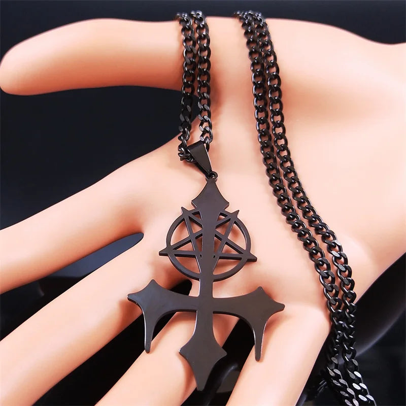 Goth Pentagram Sigil Satan Cross Necklace for Men Stainless Steel Black Y2k Gothic Star Lucifer Jewelry Halloween Gift N3002