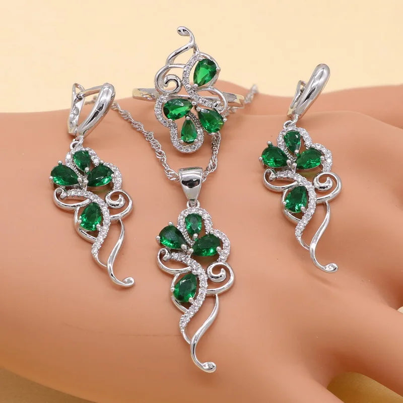 Set di gioielli in argento sterling 925 con pietre verdi e zirconi cubici per donne, orecchini/ciondoli/collane/anelli/braccialetti