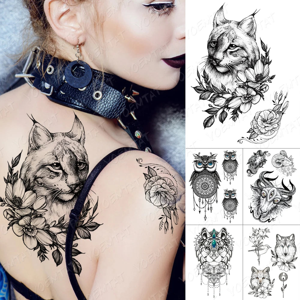 Adesivo per tatuaggio temporaneo impermeabile Fiori Gatto Lince Flash Tatuaggi Gufo Satana Capra Body Art Braccio Finto Tatuaggio Donne Uomini