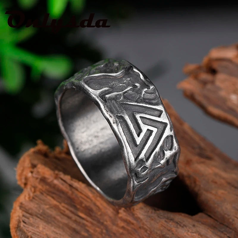 Gothic Style  Viking Men Wolves of Odin Valknut Forging Stainless Steel Ring Pagan Nordic Amulet Biker Jewelry