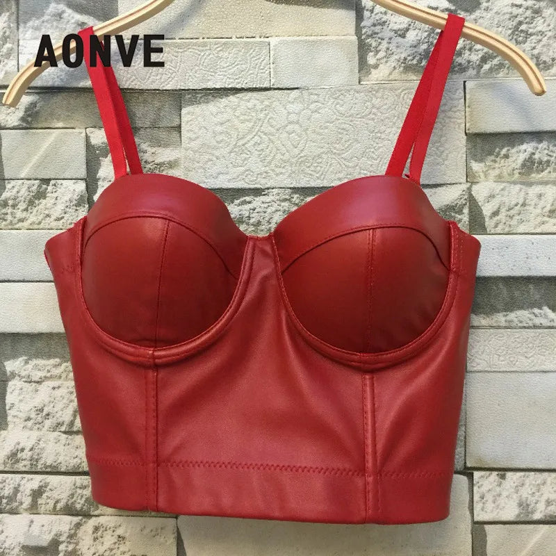 Aonve Damen Sommer Sexy Top PU Leder Festival Kleidung Tops Bralette Cropped Top Weiblich Punk Goth Clubwear Schwarz Rot Plus Size