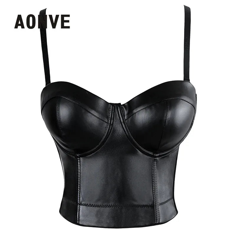 Aonve Damen Sommer Sexy Top PU Leder Festival Kleidung Tops Bralette Cropped Top Weiblich Punk Goth Clubwear Schwarz Rot Plus Size