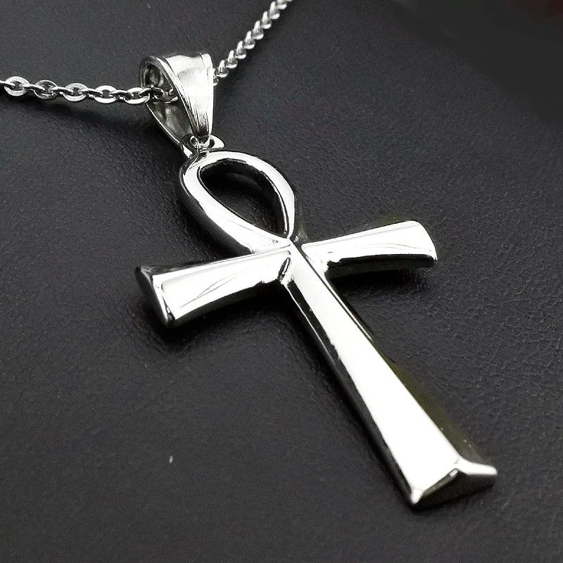 AMUMIU Ägyptische Ankh-Kreuz-Halskette für Frauen und Männer, Schmuck aus Edelstahl, Gebetsketten und Anhänger, HZP212