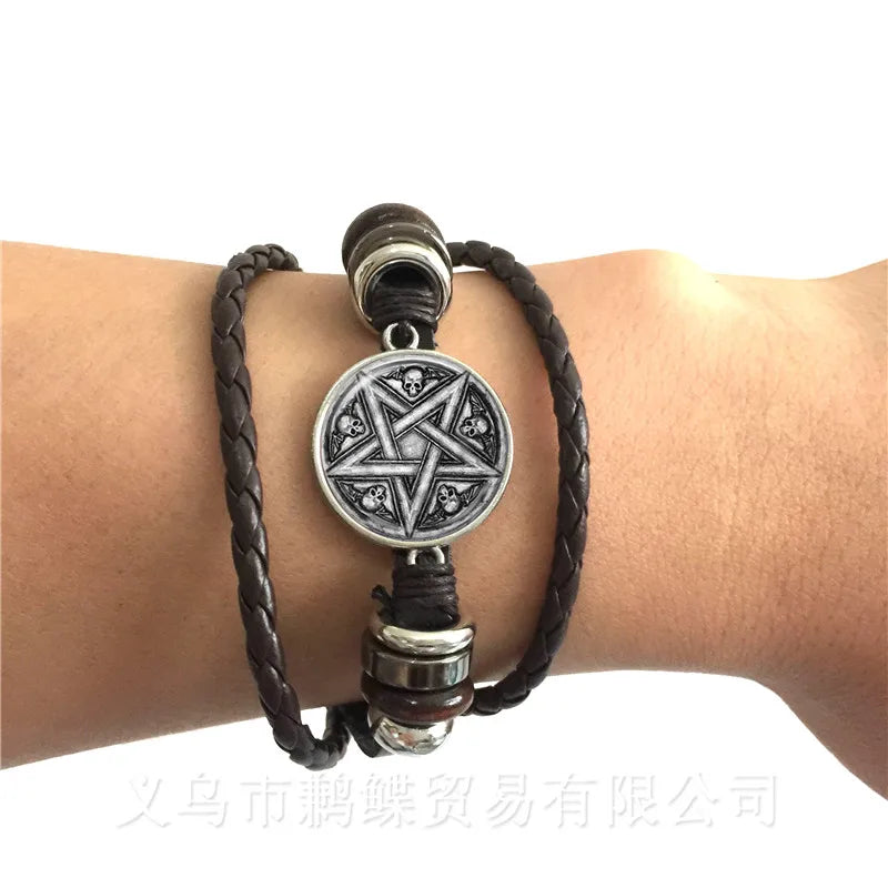 Satanic Baphomet Pentagram Bracelet Gothic Black/Brown Leather Bangle Satanism Evil Occult Pentacle Jewelry Pagan Charm Gift