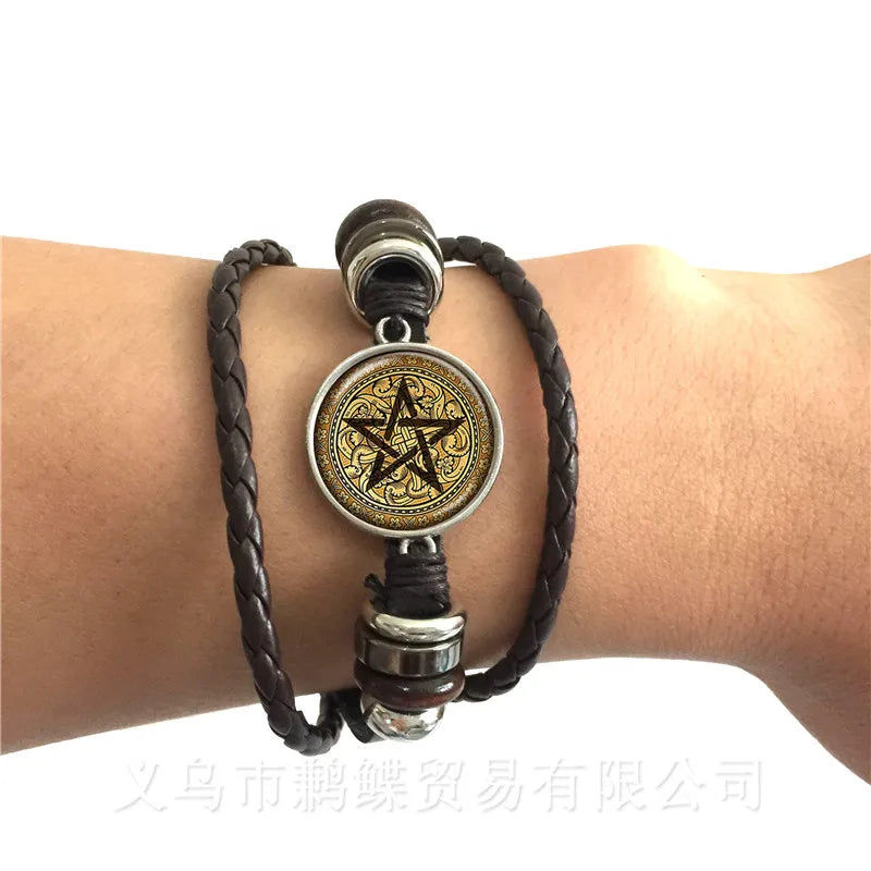 Satanic Baphomet Pentagram Bracelet Gothic Black/Brown Leather Bangle Satanism Evil Occult Pentacle Jewelry Pagan Charm Gift