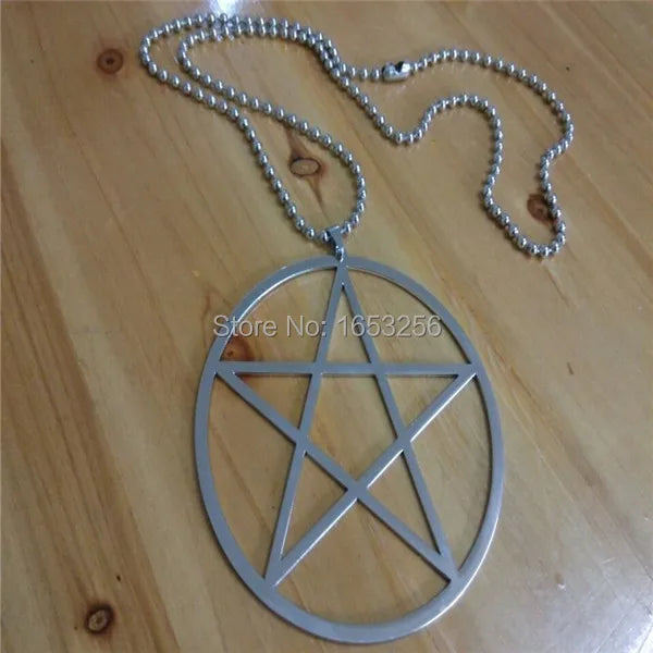 Collana in acciaio inossidabile con pentagramma grande da 4'' in cerchio con catena da 32'' UNISEX Wiccan Pagan