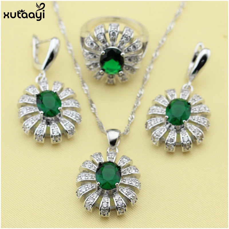 XUTAAYI  Silver Jewelry Sets Green Imitated Emerald Shining Flowers Necklace/Bracelet/Earrings/Ring Wedding Jewelry For women