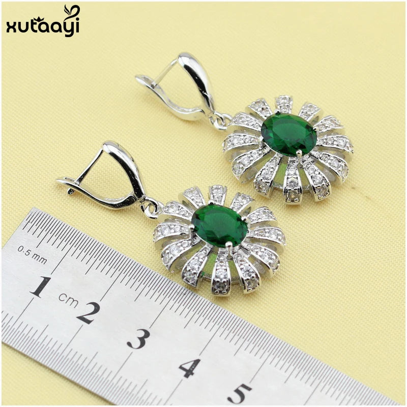 XUTAAYI  Silver Jewelry Sets Green Imitated Emerald Shining Flowers Necklace/Bracelet/Earrings/Ring Wedding Jewelry For women