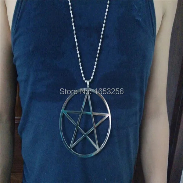 Modische große 4-Zoll-Halskette mit Pentagramm und Kreis aus Edelstahl mit 32-Zoll-Kette, UNISEX, Wicca, Pagan