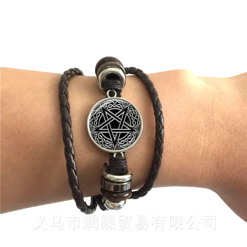 Satanisches Baphomet Pentagramm Armband Gothic Schwarz/Braun Leder Armreif Satanismus Böser okkulter Pentagramm Schmuck Pagan Charm Geschenk