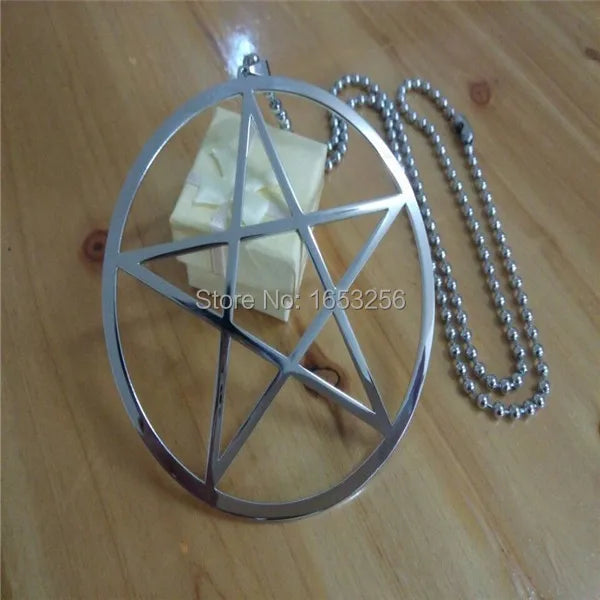 Modische große 4-Zoll-Halskette mit Pentagramm und Kreis aus Edelstahl mit 32-Zoll-Kette, UNISEX, Wicca, Pagan